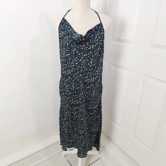 BCBGeneration Dress Womens L Blue Leopard Print Slim Satin Racerback Midi New - Picture 1 of 16